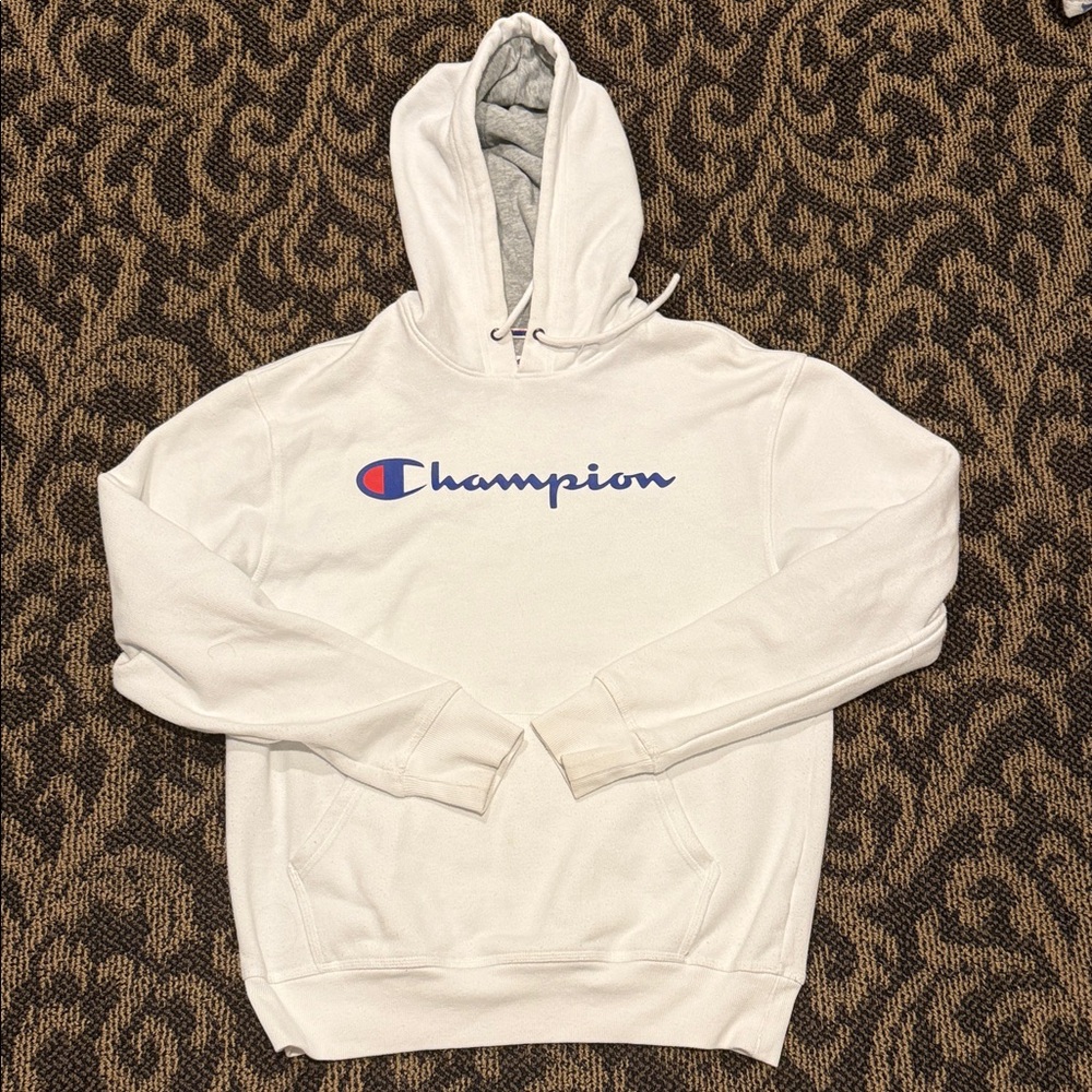 Champion Men's White Hoodie with Blue Logo